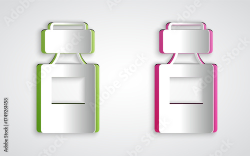 Paper cut Perfume icon isolated on grey background. Paper art style. Vector