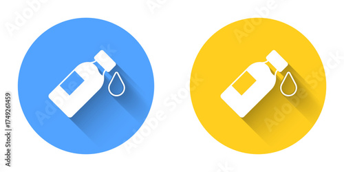 White Bottle of water icon isolated with long shadow background. Soda aqua drink sign. Circle button. Vector