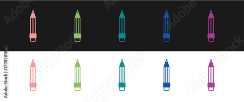 Set Pencil with eraser icon isolated on black and white background. Drawing and educational tools. School office symbol. Vector