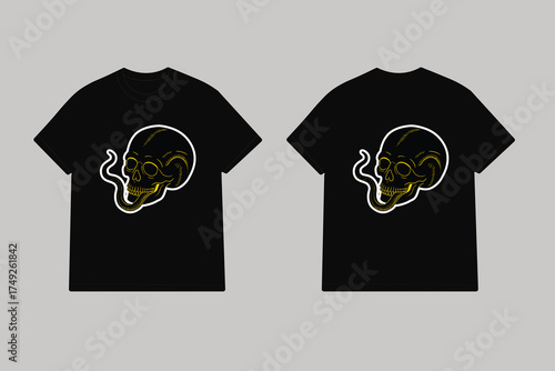 Black t shirt with yellow skull and snake design graphic design