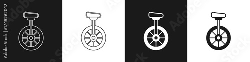 Set Unicycle or one wheel bicycle icon isolated on black and white background. Monowheel bicycle. Vector