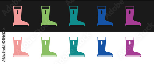 Set Waterproof rubber boot icon isolated on black and white background. Gumboots for rainy weather, fishing, gardening. Vector