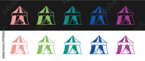 Set Circus tent icon isolated on black and white background. Carnival camping tent. Amusement park. Vector
