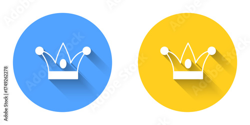 White Jester hat with bells isolated with long shadow background. Clown icon. Amusement park funnyman sign. Circle button. Vector