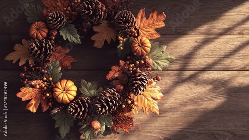 A beautiful autumn wreath with colorful leaves casting soft shadows on a rustic wall, creating a warm seasonal ambiance.