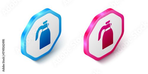 Isometric Garden sprayer for water, fertilizer, chemicals icon isolated on white background. Hexagon button. Vector
