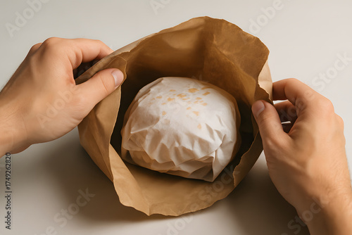 Burger paper packaging mockup. A wrapped hamburger with lettuce, cheese