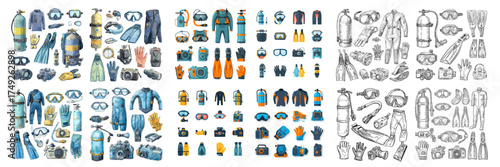 Collection of scuba diving gear and underwater equipment including wetsuits, fins, masks, and tanks in color and sketch styles. Ideal for marine, sport, or adventure design projects.