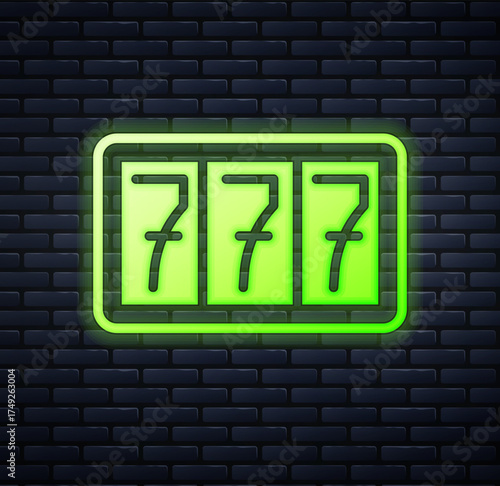 Glowing neon Slot machine with lucky sevens jackpot icon isolated on brick wall background. Vector