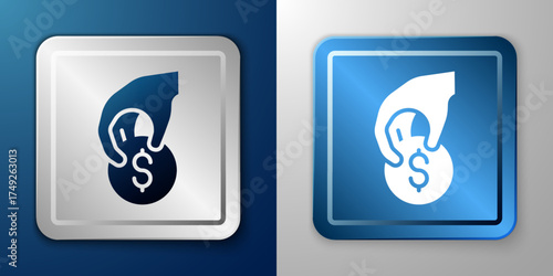 White Hand holding casino chips icon isolated on blue and grey background. Casino gambling. Silver and blue square button. Vector