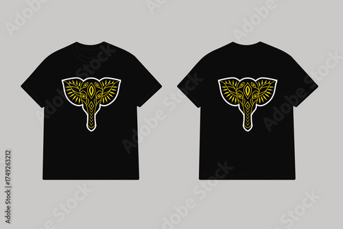 Black t shirt with yellow tribal elephant design yellow design