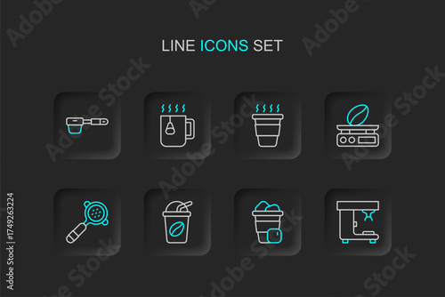 Set line Coffee machine, Iced coffee, filter holder, Electronic scales, cup to go, Cup tea with bag and icon. Vector