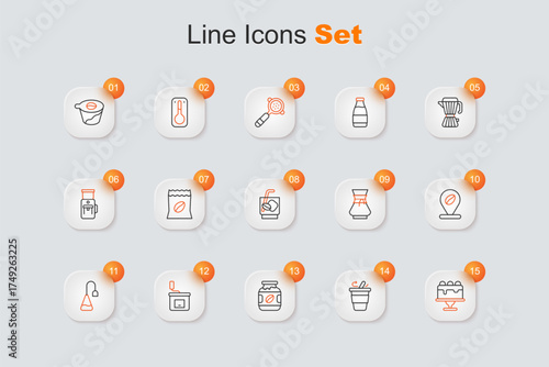 Set line Cake, Coffee cup to go, jar bottle, Manual coffee grinder, Tea bag, Location with bean, Pour over maker and Espresso tonic icon. Vector