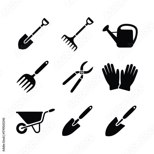 Set of 9 black and white gardening tools icons for vector eps design and scalable illustrations silhouette
