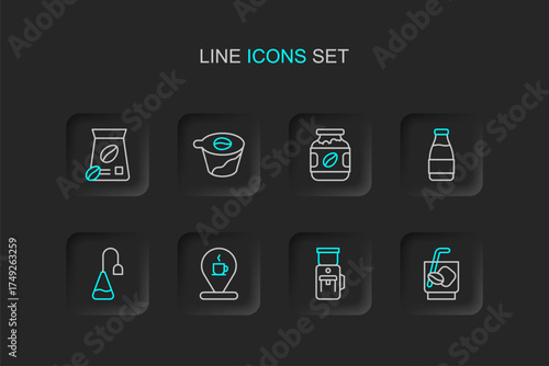 Set line Espresso tonic coffee, Electric grinder, Location with cup, Tea bag, Milk bottle, Coffee jar, Pour over maker and Bag beans icon. Vector