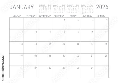 January 2026 Calendar Monthly Planner Printable A4 Monday Start