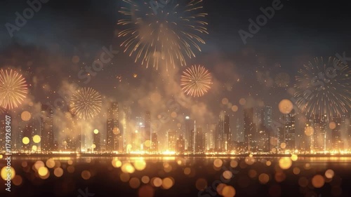 A stunning cityscape at night with fireworks and shimmering Diwali lights reflecting on surfaces, capturing festive excitement.