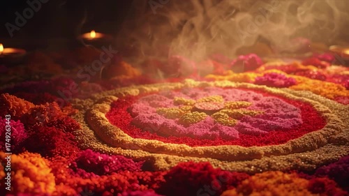 A close-up of a vibrant flower rangoli illuminated by a glowing diya and candlelight for a festive touch.