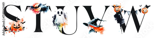 Halloween alphabet letter S T U V W with watercolor illustrations