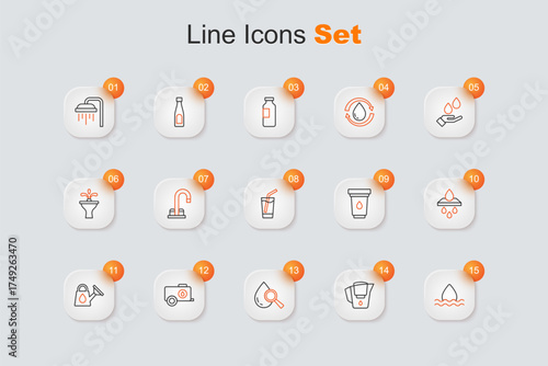 Set line Water drop, jug with filter, Drop and magnifying glass, Mobile water tank, Watering can, cartridge, and Glass icon. Vector