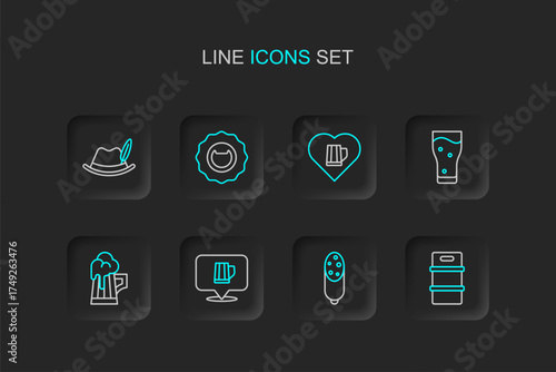 Set line Metal beer keg, Salami sausage, Wooden mug, Glass of, Heart with glass, Bottle opener and Oktoberfest hat icon. Vector