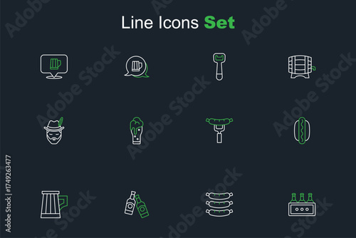 Set line Pack of beer bottles, Sausage, Beer, Wooden mug, Hotdog sandwich, on the fork, Glass and Oktoberfest man icon. Vector