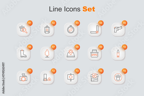 Set line Paw search, Hunting shop, Target sport, Cartridges, Photo camera, Bullet, Ammunition box and place icon. Vector
