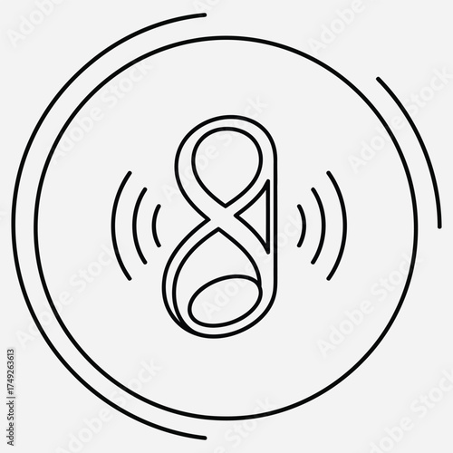 Modern abstract line art icon featuring an intertwined eight or infinity symbol with radiating sound waves, representing endless digital connection and technological communication