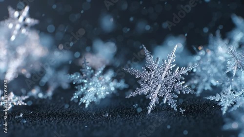 A detailed close-up of a delicate snowflake resting on a frozen winter surface, capturing the beauty of winter.