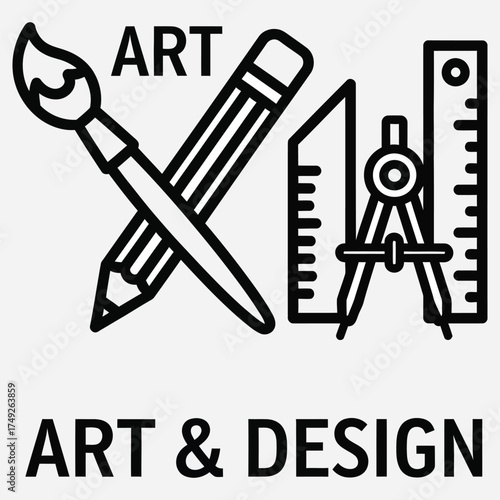 Line art icon of essential creative instruments for graphic design, drafting, and artistry, including a pencil, brush, and compass