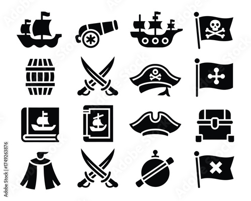 Black and white vector illustrations of pirate symbols and objects set scalable silhouette