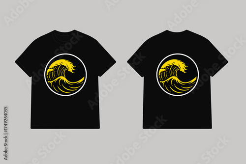 Black t shirt with yellow wave design ocean wave japanese style