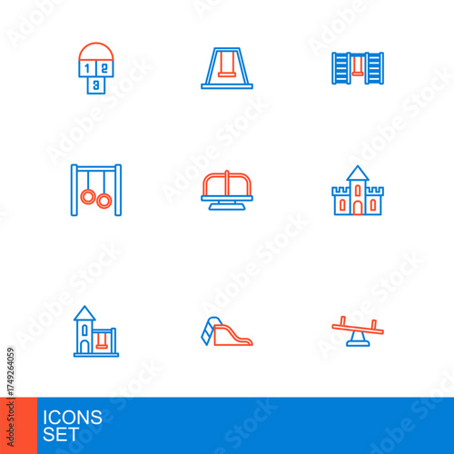 Set line Seesaw, Slide playground, Swing for kids, Sand castle, Gymnastic rings, Attraction carousel, Swedish wall and icon. Vector