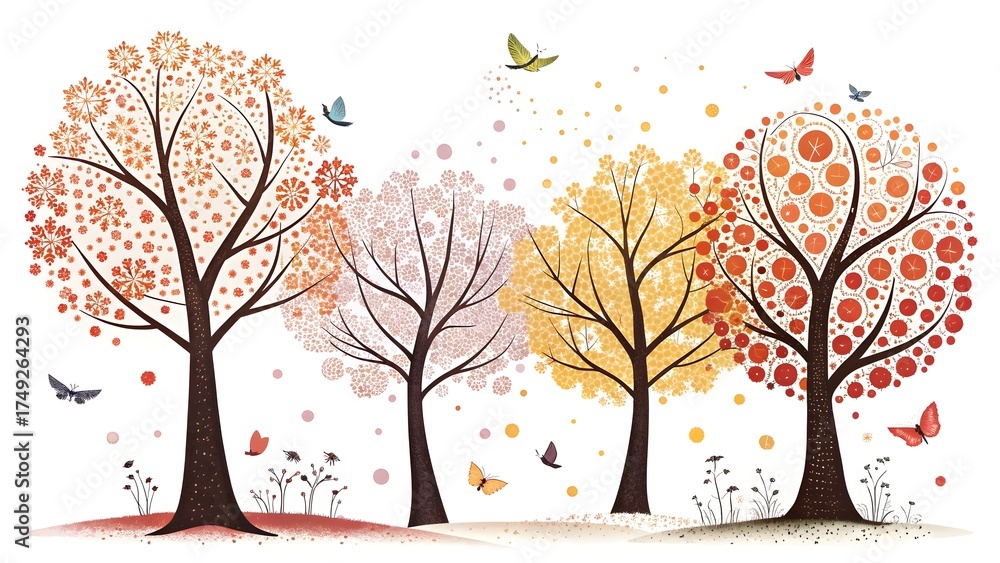 Fototapeta premium Seasons Dot Tree Abstract Banner with Roots Butterflies