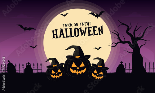 Happy Halloween Banner and greeting card design. Halloween trick or treat creative flyer template with text vector illustration