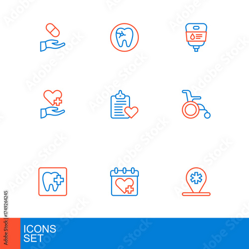 Set line Location hospital, Doctor appointment, Dental clinic location, Wheelchair for disabled person, Heart with cross, Patient record, IV bag and Tooth caries icon. Vector