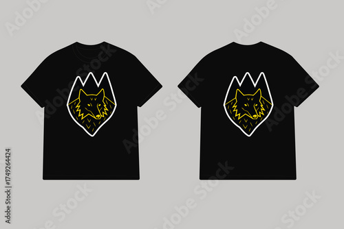 Black t shirt with yellow wolf mountain graphic linocut style