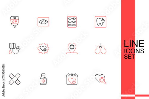 Set line Medical heart inspection, Doctor appointment, Bottle of medicine syrup, Crossed bandage plaster, Lungs, Location hospital, Heart with cross and Blood pressure icon. Vector