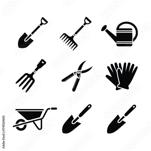 Set of 9 black and white gardening tools vector illustrations scalable eps icons silhouette