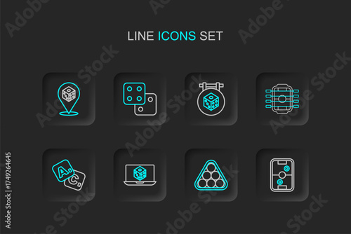 Set line Air hockey table, Billiard balls in triangle, Game dice, Bingo, Table football, and icon. Vector