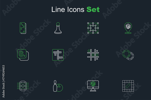 Set line Board game, Game dice, Bowling pin and ball, Table football, Casino chips, Tic tac toe, Crossword and Bingo icon. Vector