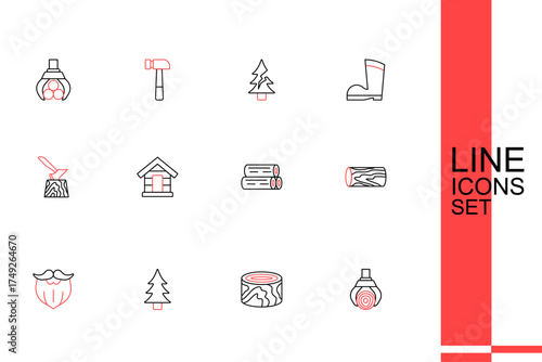 Set line Grapple crane grabbed a log, Wooden logs, Tree, Mustache and beard, Dog house and axe in stump icon. Vector
