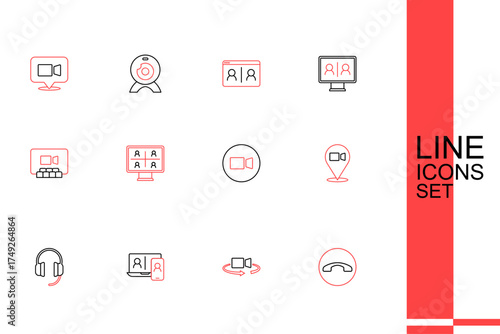 Set line Telephone handset, 360 degree view, Video chat conference, Headphones, and icon. Vector