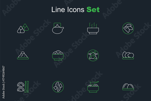 Set line Sushi, Ramen soup bowl, Served cucumber on plate, Dumpling with chopsticks, Chicken egg, Kung Pao chicken, Chow mein and Rice icon. Vector