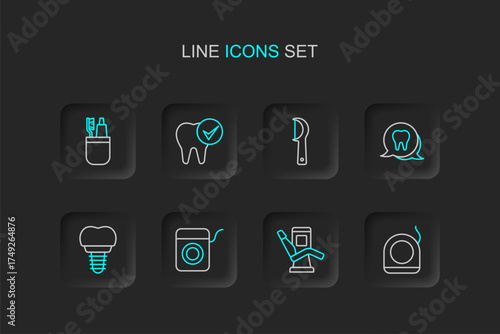 Set line Dental floss, Medical dental chair, implant, Tooth, and Toothbrush and toothpaste icon. Vector