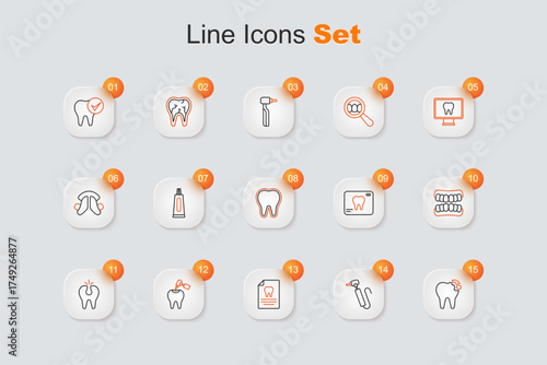 Set line Broken tooth, Tooth drill, Clipboard with dental card, caries and, Dentures model, X-ray of and icon. Vector