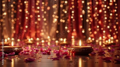 A vibrant Diwali floor setup with glowing diyas and twinkling string lights in the background for a festive atmosphere.