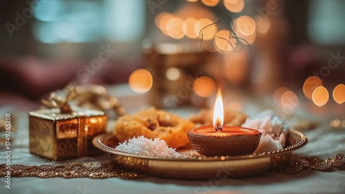A glowing Diwali diya accompanied by sweets, set against warm bokeh lights for a cozy festive feel.