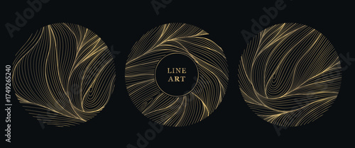 Elegant circular floral logos, golden line art leaves, vector ornaments, luxury organic emblems. Spa or florist branding, wedding monograms, beauty labels