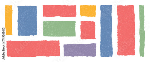 Colorful pastel rectangles and squares with rough crayon texture. Abstract sketchy doodle blocks, grunge vector elements. Hand drawn empty frames, creative playful background layout for text